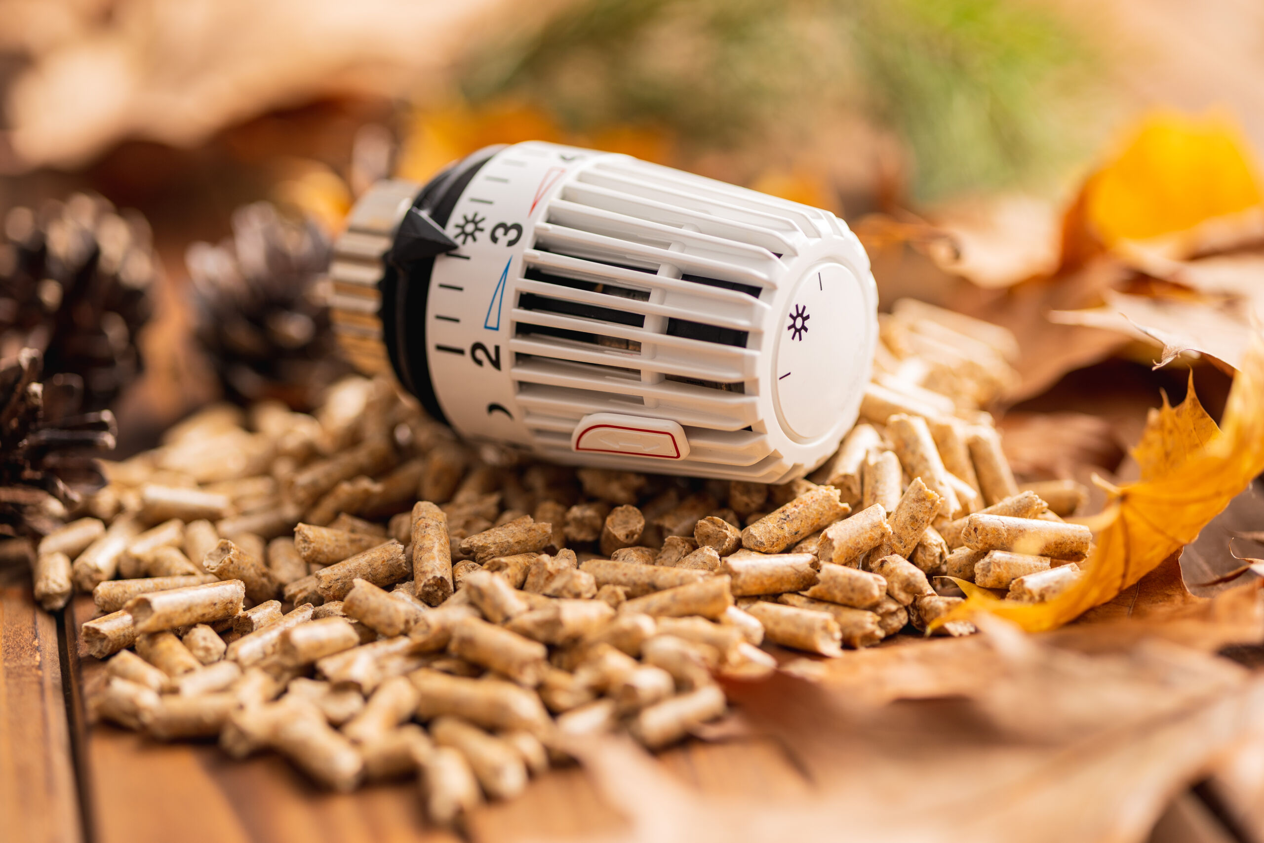 Wooden pellets and thermostatic valve on the wooden background.